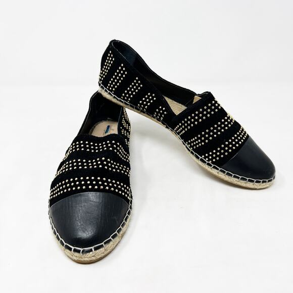 [Loeffler Randall] Black Gold Studded Mara Leather Cap Toe Espadrille Flats Sz 9 - Picture 1 of 12